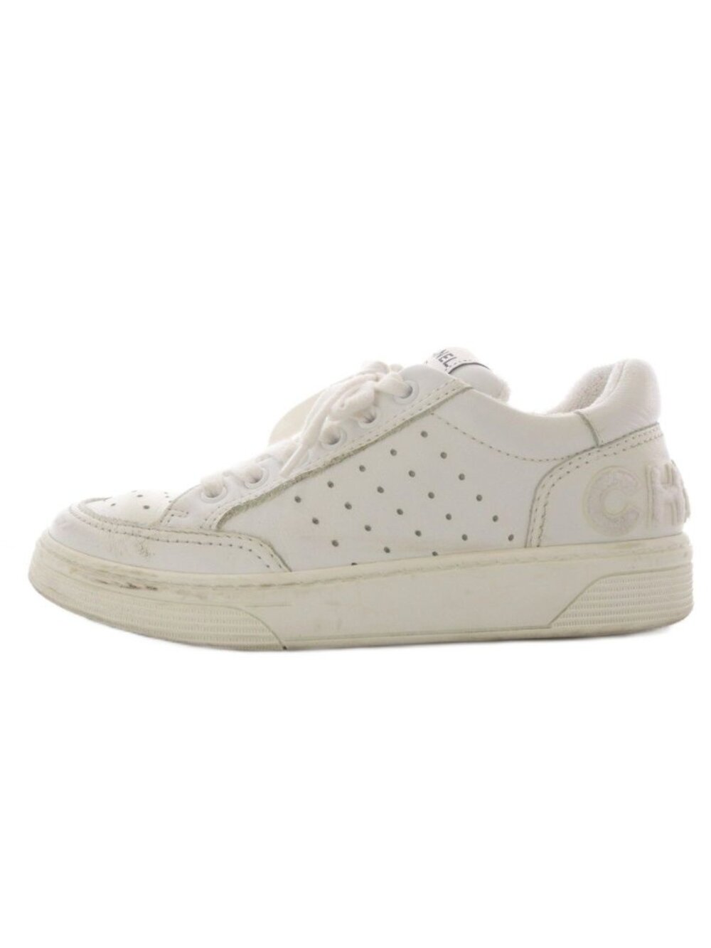 Chanel Perforated Leather Back Logo Sneakers Low Cut White